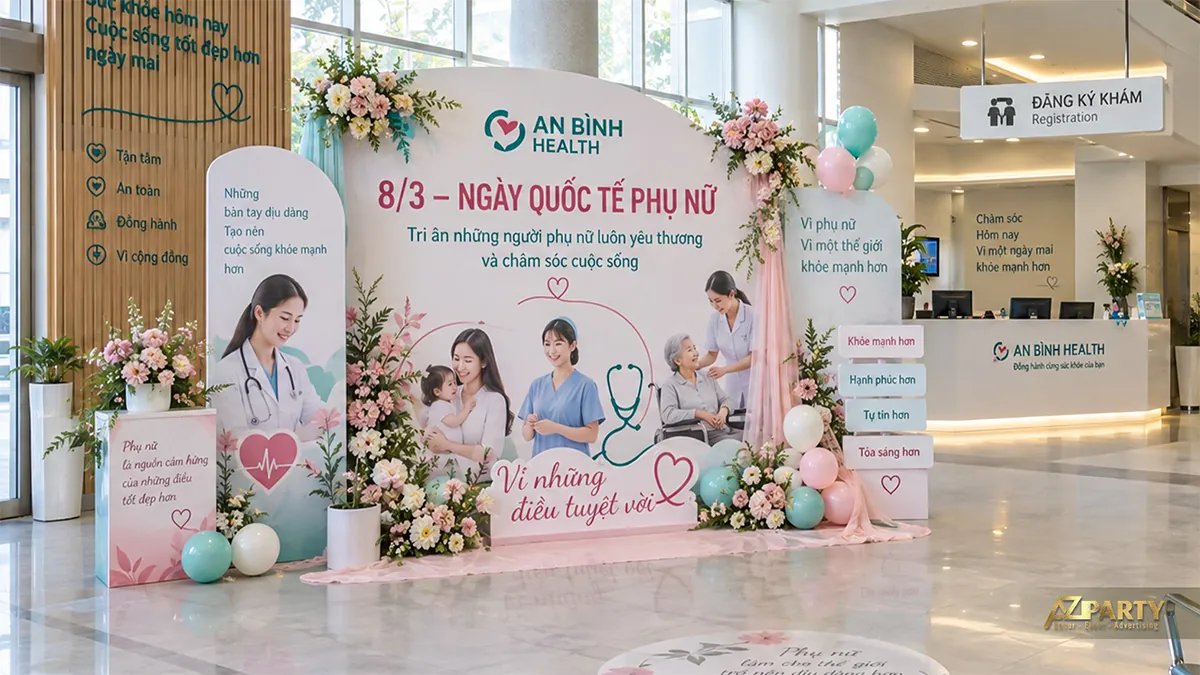 Góc hồng xanh cạnh quầy đăng ký có hình bác sĩ, điều dưỡng, mẹ con và người chăm sóc phụ nữ lớn tuổi