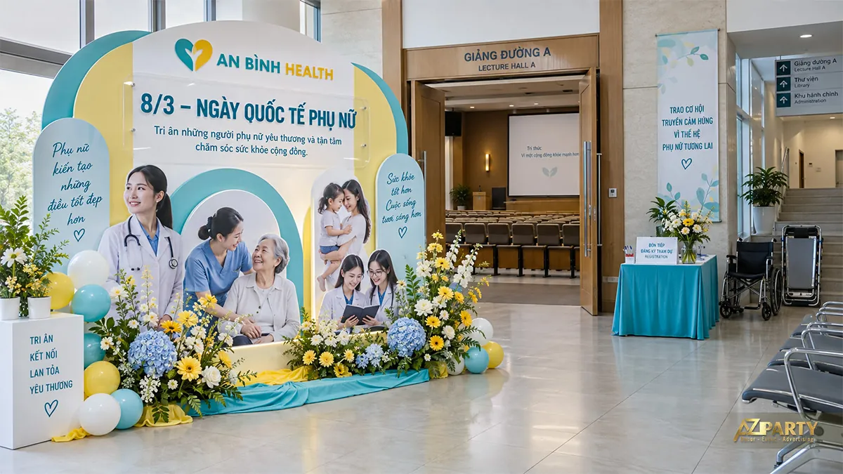 Góc tri ân xanh vàng trước giảng đường với hình nhân viên y tế chăm sóc và bàn đón tiếp ở bên phải