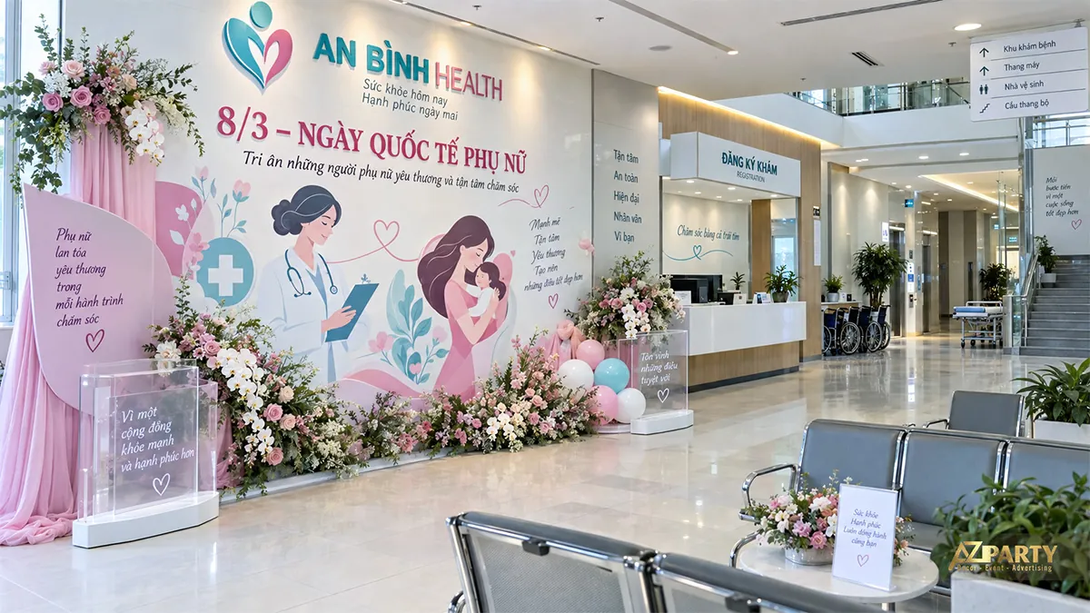 Mảng tường sảnh bệnh viện có hình nữ bác sĩ và mẹ bế con, rèm hồng cùng hoa thấp dọc chân vách
