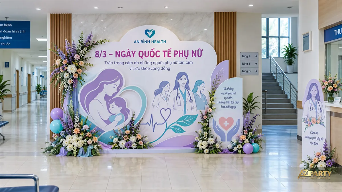 Phông nền tím xanh tại sảnh với hình mẹ ôm con, nữ bác sĩ và điều dưỡng, hai bên có hoa và bóng