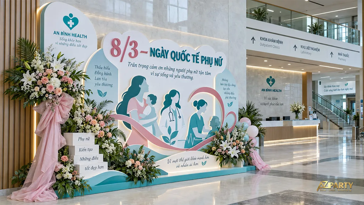 Tiểu cảnh xanh hồng với vách cong, hình mẹ con và nhân viên y tế, hoa ở hai bên lời chúc