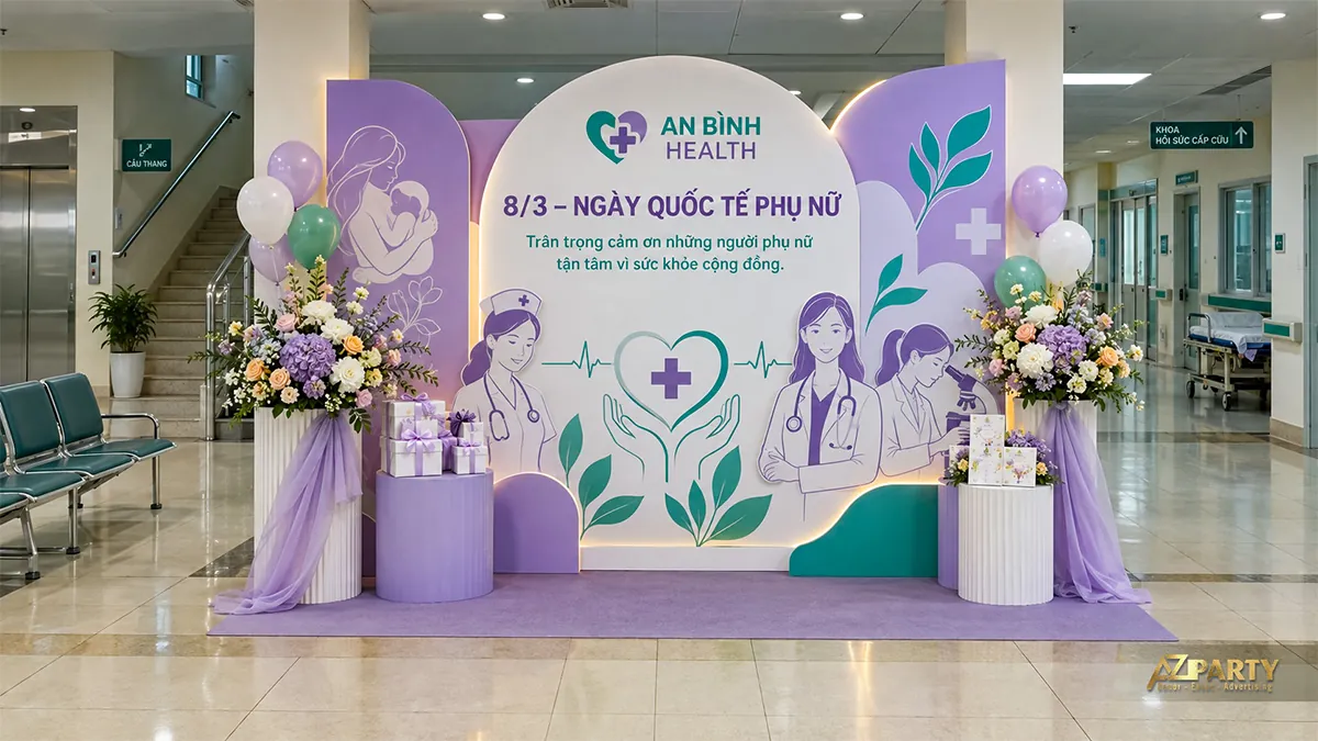 Góc tri ân tím xanh với hình điều dưỡng, bác sĩ và người nghiên cứu, hoa trên hai bệ bên phông