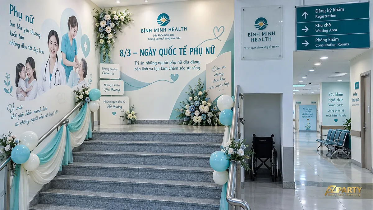Mảng tường đầu cầu thang có lời chúc và hình phụ nữ chăm sóc, tay vịn phối vải xanh kem cùng hoa
