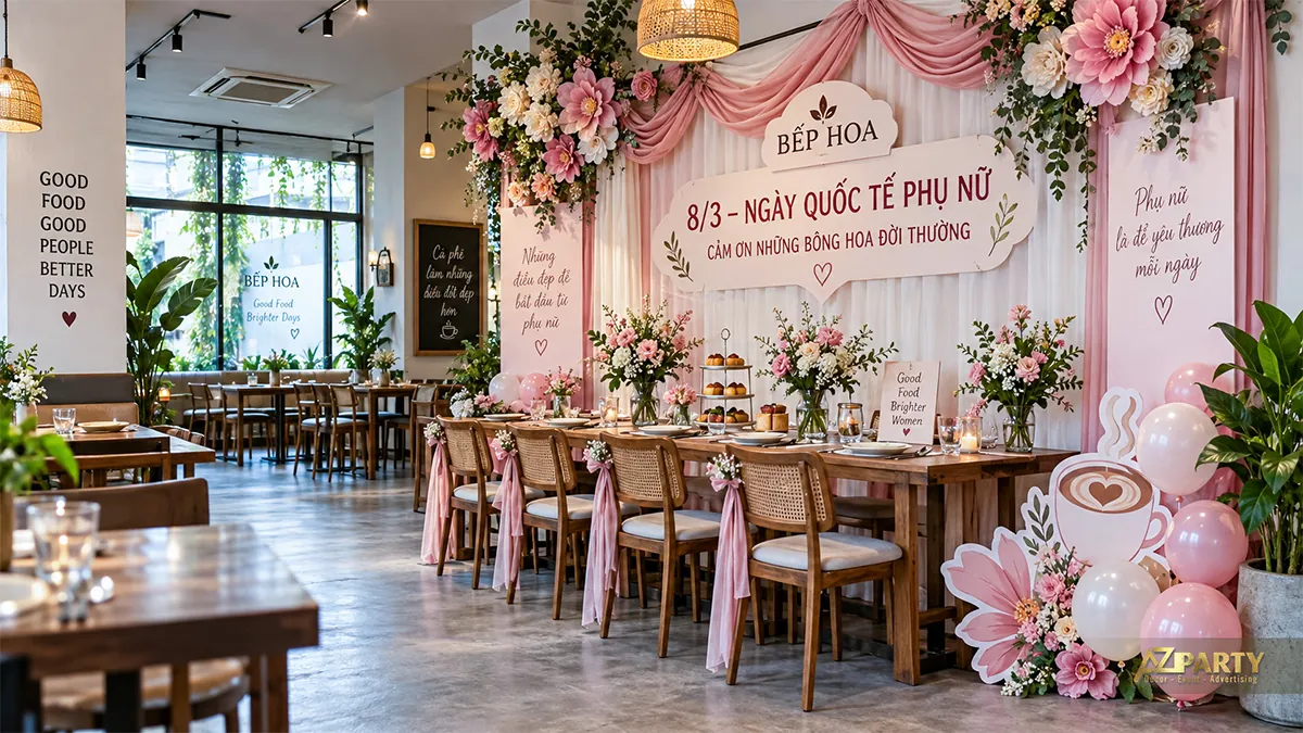 Bàn ăn dài trang trí hoa nhỏ, nơ hồng trên ghế và lời chúc trên tường