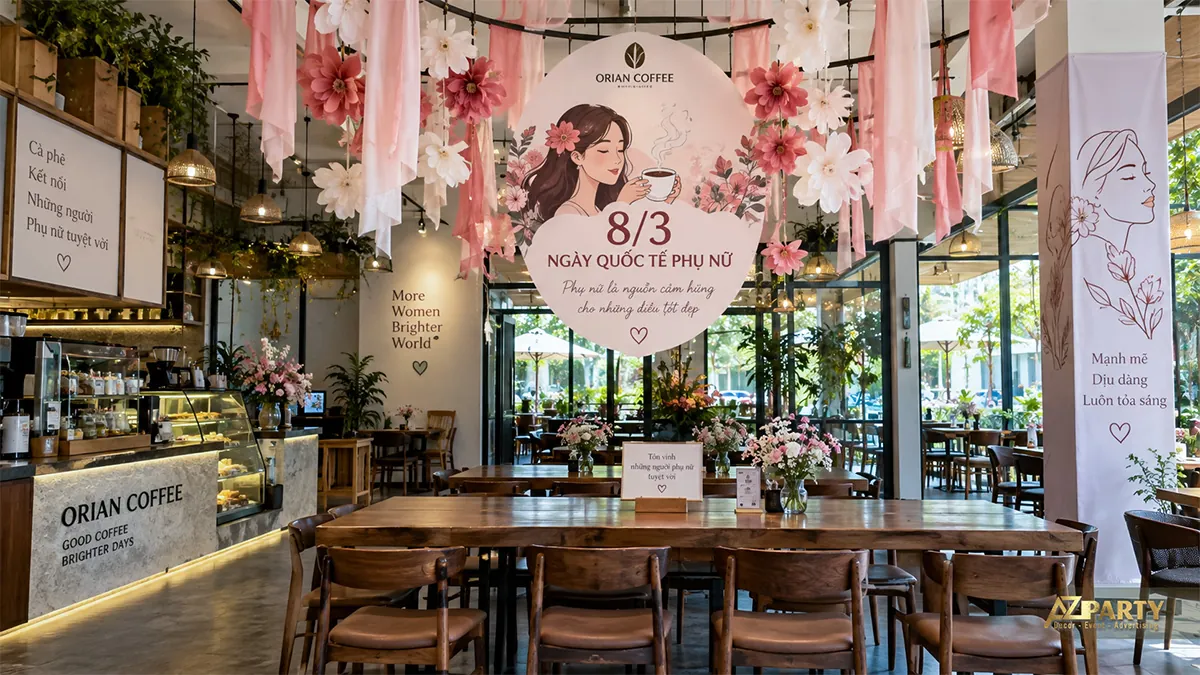 Quán cafe treo bảng oval 8/3 cùng hoa giấy và dải vải hồng trên bàn dài