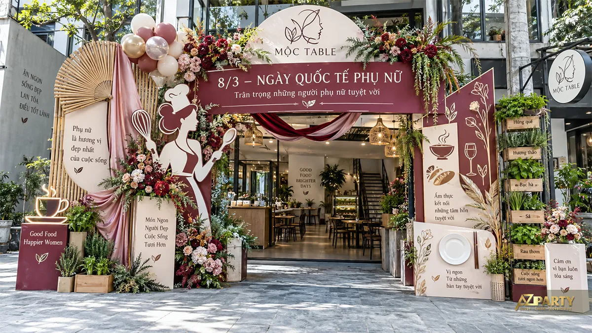 Cổng nhà hàng màu đỏ nâu với hình nữ đầu bếp, hoa và cây xanh
