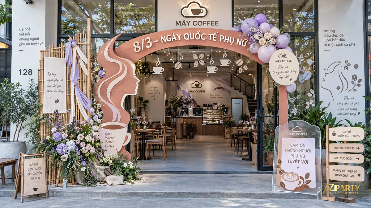 Cổng quán cafe phối vòm màu đất nung, hình cô gái và bóng tím trắng