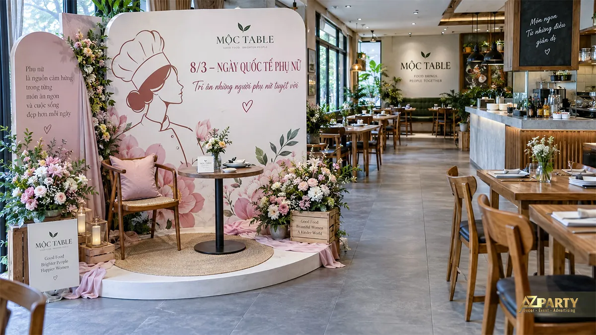 Góc ghế chụp ảnh trước vách nữ đầu bếp, bàn tròn và cụm hoa thấp