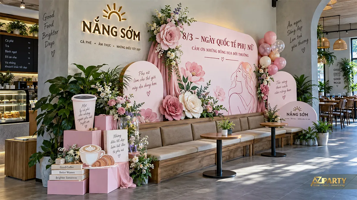 Ghế dài màu nâu trước vách hồng, hoa giấy và mô hình ly cà phê