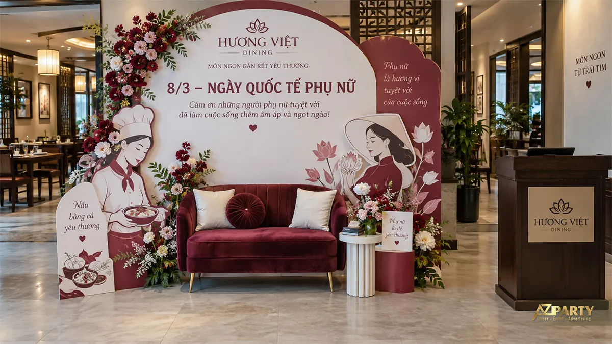 Ghế nhung đỏ trước vách hình đầu bếp và cô gái áo dài cầm hoa sen