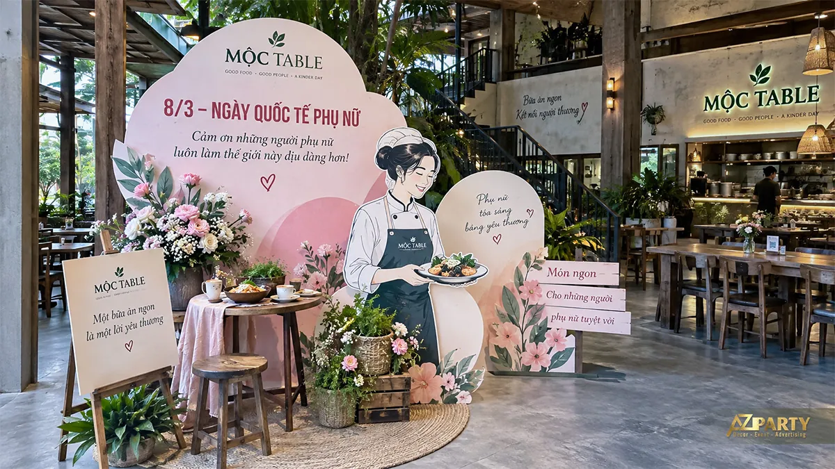Góc nhà hàng có hình nữ đầu bếp, bàn gỗ nhỏ và giỏ hoa trên thảm tròn