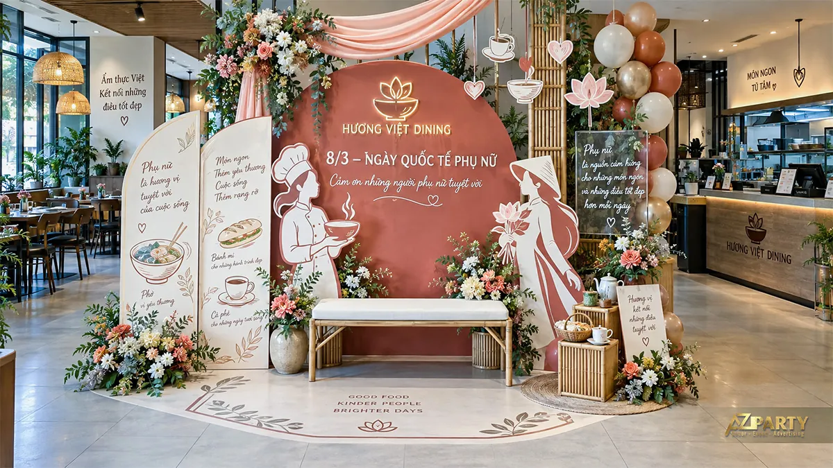 Góc chụp ảnh phối hình đầu bếp, cô gái đội nón lá và biểu tượng món Việt