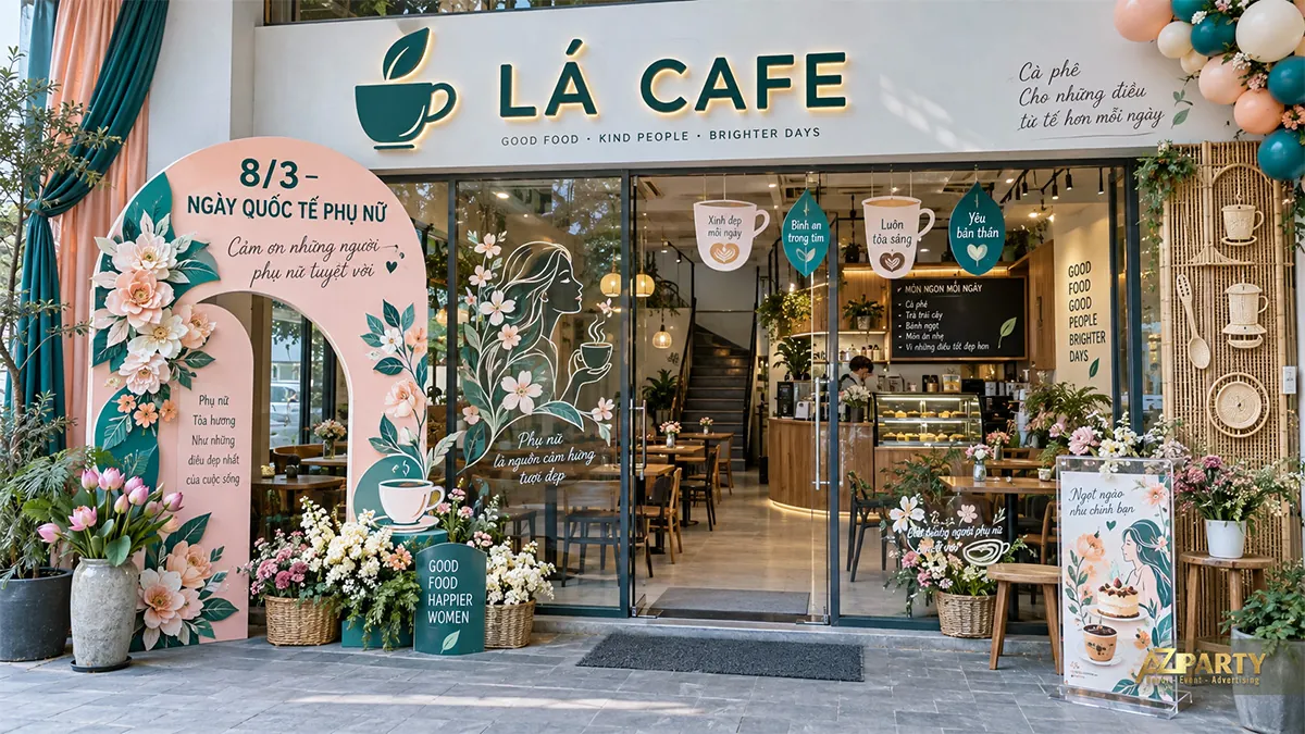 Lối vào quán cafe phối hình ly cà phê treo, hoa và bóng xanh hồng
