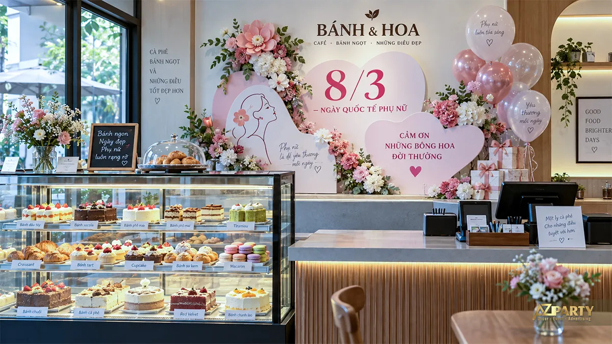 Quầy bánh cafe với vách hình trái tim hồng trắng, hoa và hộp quà