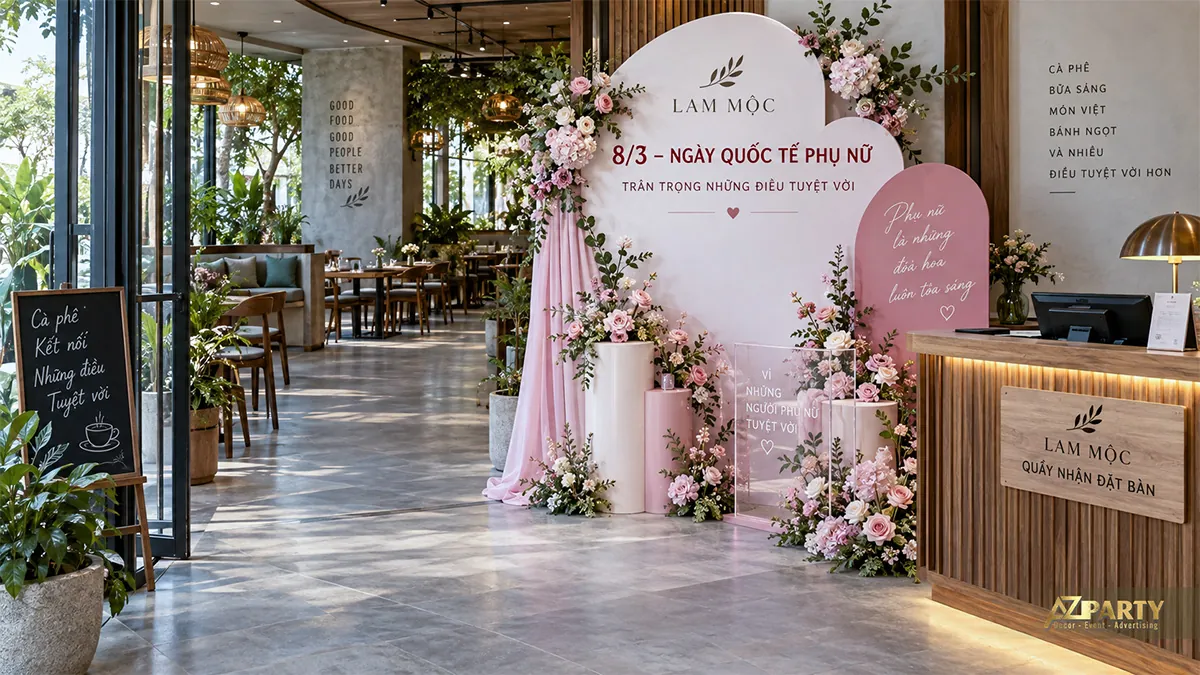 Vách hồng trắng đặt cạnh quầy đón khách nhà hàng với hoa và bục trưng bày