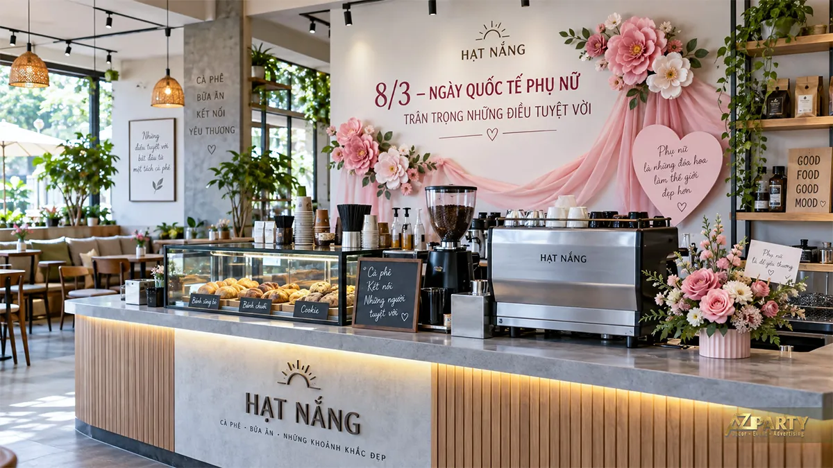 Quầy pha chế có lời chúc 8/3, hoa giấy lớn và dải vải hồng