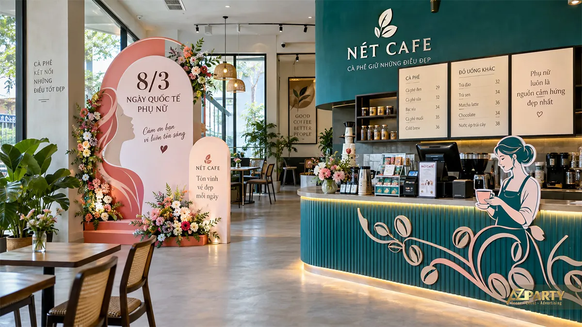 Quầy cafe xanh phối hình nữ pha chế và vách chân dung màu hồng bên cạnh