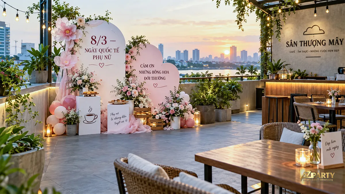 Góc sân thượng với vách hồng trắng, hoa giấy và bục đặt bánh