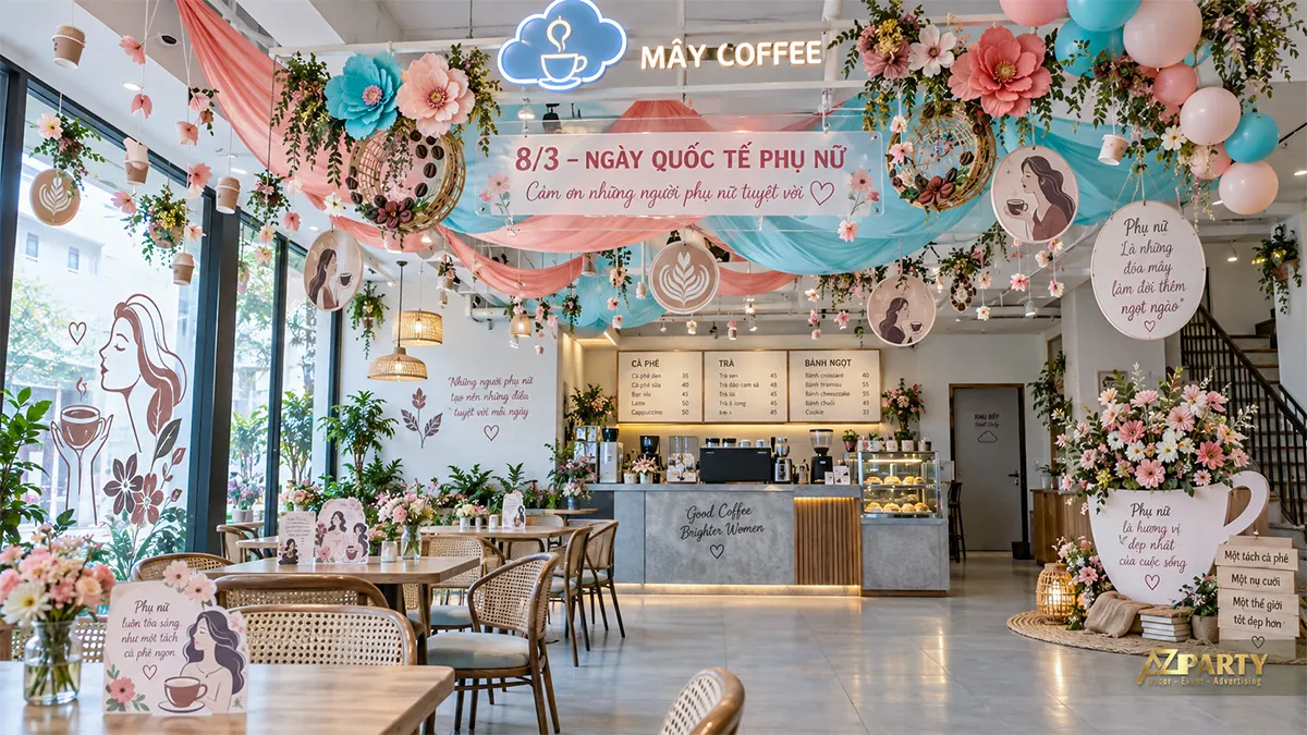 Không gian cafe treo vải pastel, hình tách cà phê và hoa phía trên bàn
