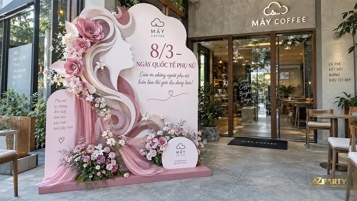 Vách uốn lượn hình gương mặt phụ nữ đặt bên cửa vào quán cafe