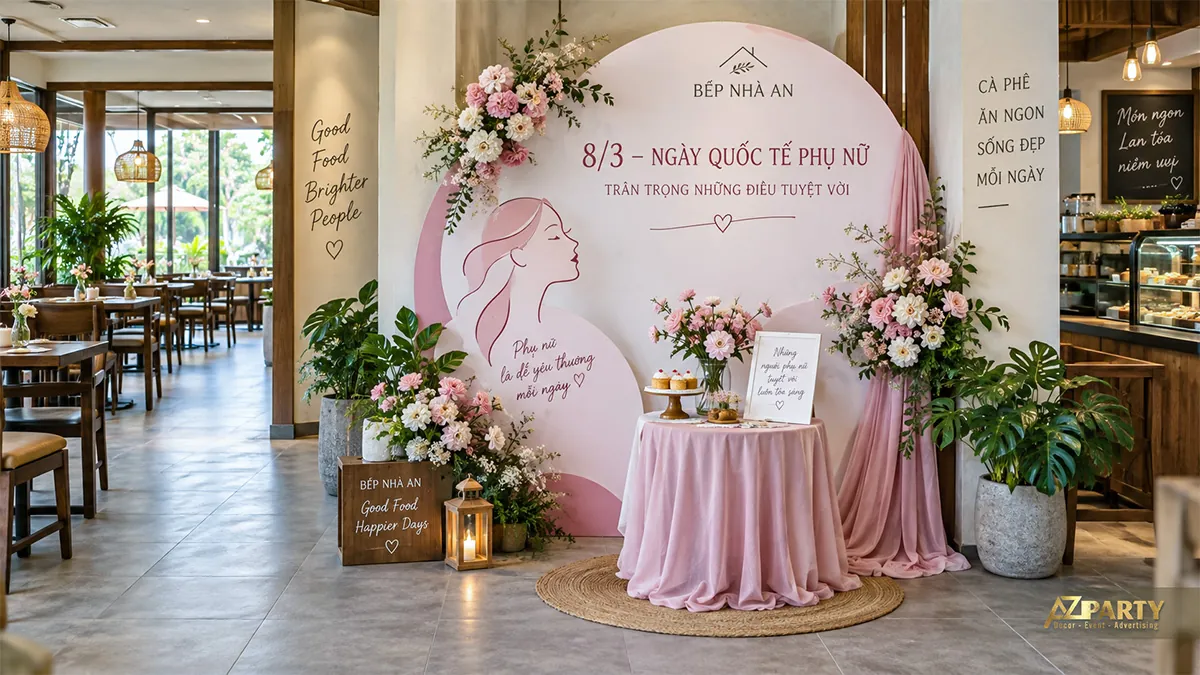 Vách oval hồng trắng phía sau bàn nhỏ đặt bánh và bình hoa