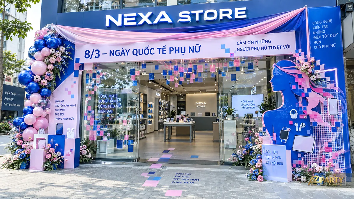 Mặt tiền shop công nghệ màu xanh hồng với hình phụ nữ, điện thoại, tai nghe và họa tiết ô vuông