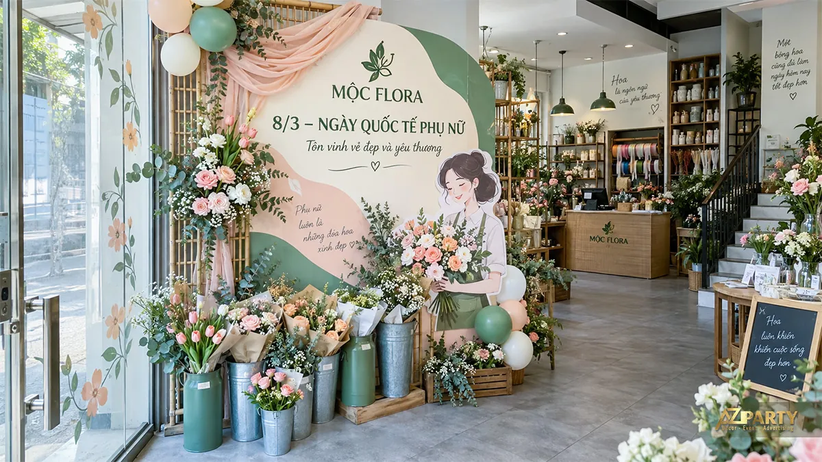Vách xanh kem có hình phụ nữ ôm bó hoa, phía trước bày các xô hoa cạnh cửa hàng