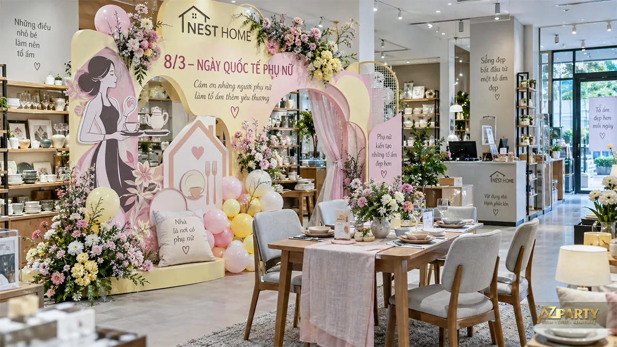 Tiểu cảnh vàng hồng có hình phụ nữ cầm tách trà, mô hình ngôi nhà và hoa phía sau bàn ăn trưng bày