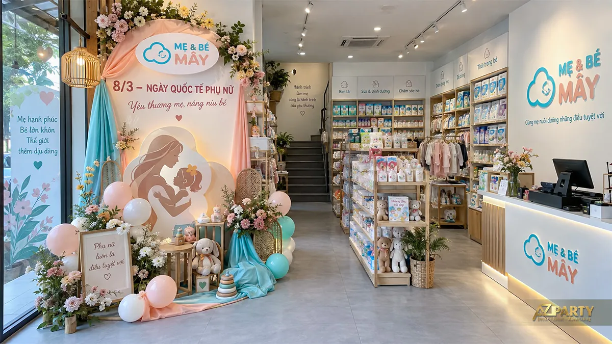 Tiểu cảnh xanh hồng ở shop mẹ và bé với hình mẹ ôm con, gấu bông, đồ chơi và hoa bên cửa kính