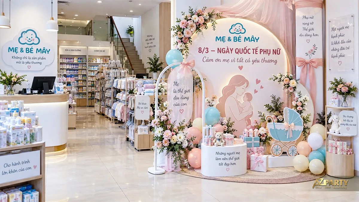 Góc hồng xanh nhạt trong cửa hàng mẹ và bé có hình mẹ bế con, mô hình xe nôi và các hộp quà