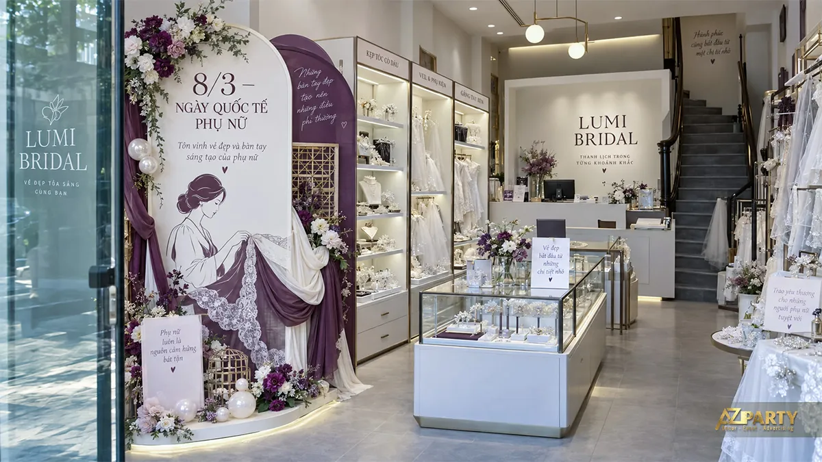 Vách tím kem trong shop phụ kiện cưới có hình phụ nữ may vá, rèm mềm, hoa và bóng trắng