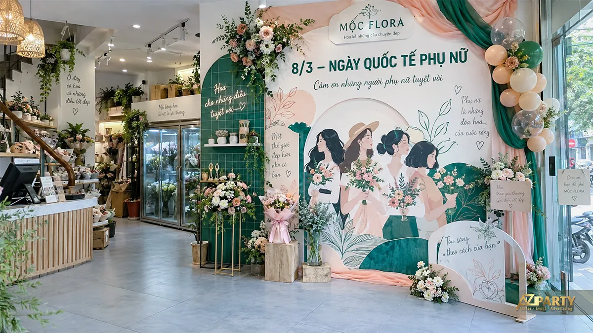 Phông xanh kem minh họa bốn phụ nữ cầm hoa, phối rèm hồng xanh và bàn hoa trước quầy