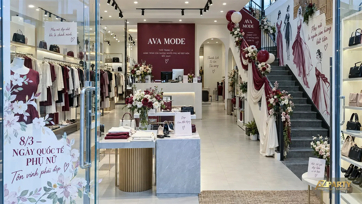 Cầu thang shop thời trang có hoa, bóng đỏ và vải kem đỏ dọc một bên, kính cửa vào dán lời chúc
