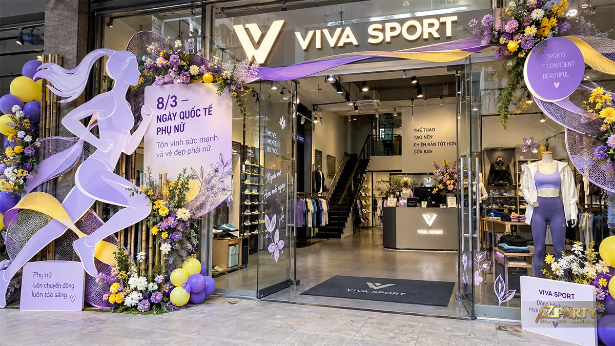 Mặt tiền cửa hàng thể thao phối tím vàng với hình phụ nữ chạy bộ, hoa và ma-nơ-canh mặc đồ tập