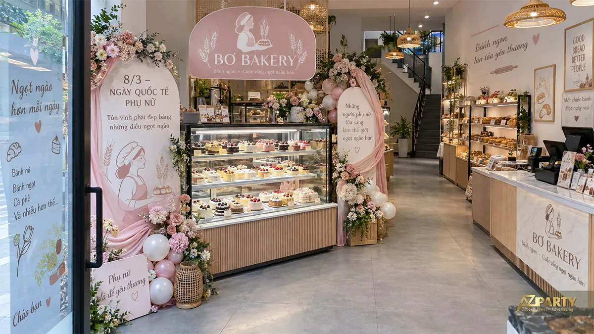Tủ bánh được trang trí bằng hai vách hồng kem, hình người làm bánh, hoa và bóng trắng hồng