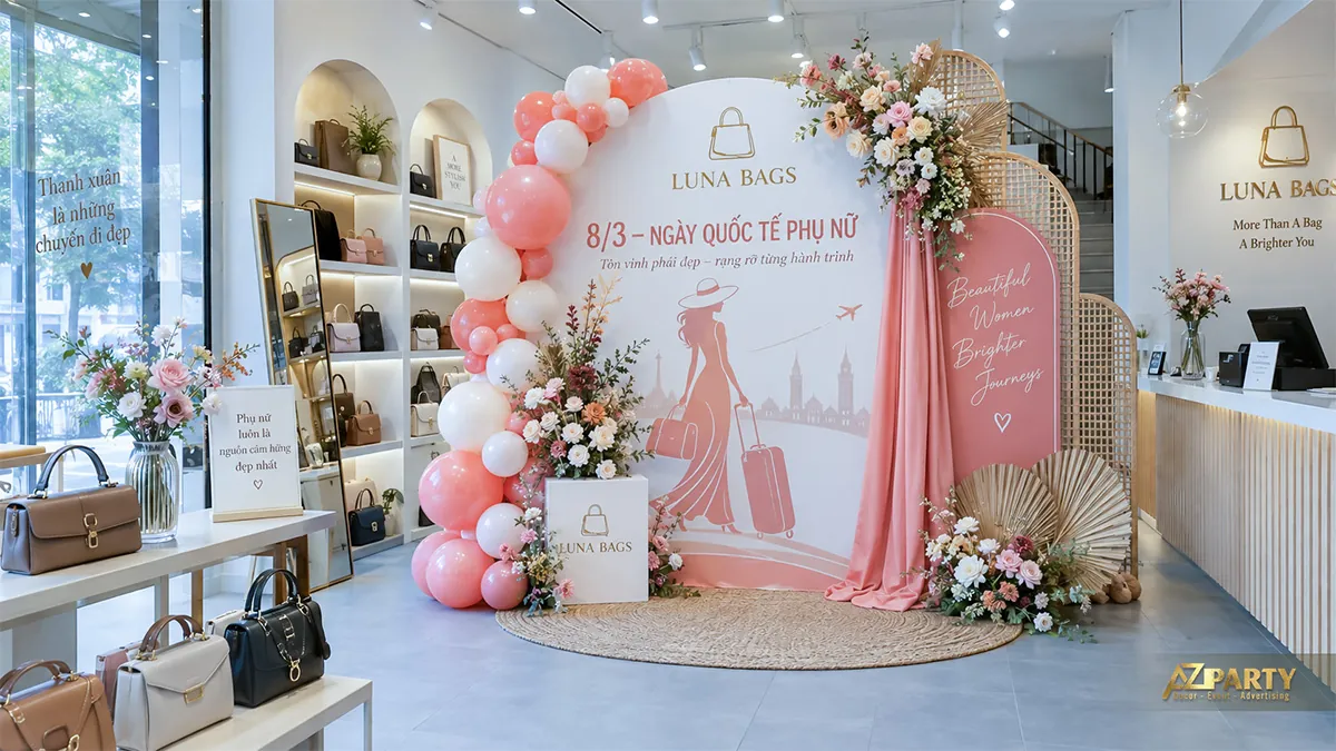 Tiểu cảnh hồng trắng trong shop túi xách với hình phụ nữ kéo vali, bóng hồng và hoa cạnh vách cong