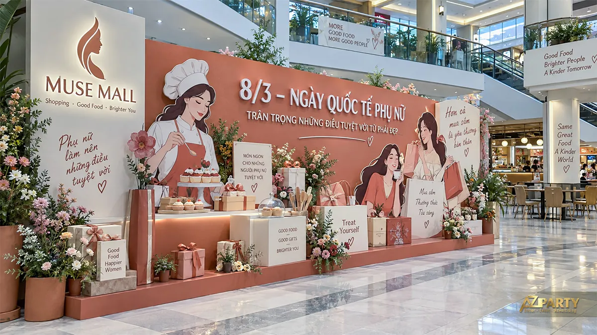 Vách cam đất tại khu ẩm thực minh họa nữ đầu bếp và bạn bè dùng bữa, phía trước có bàn bánh và quà