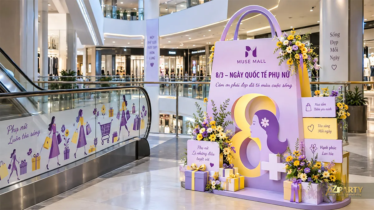 Mô hình túi quà tím vàng với hình chân dung phụ nữ, hộp quà và hoa cạnh thang cuốn