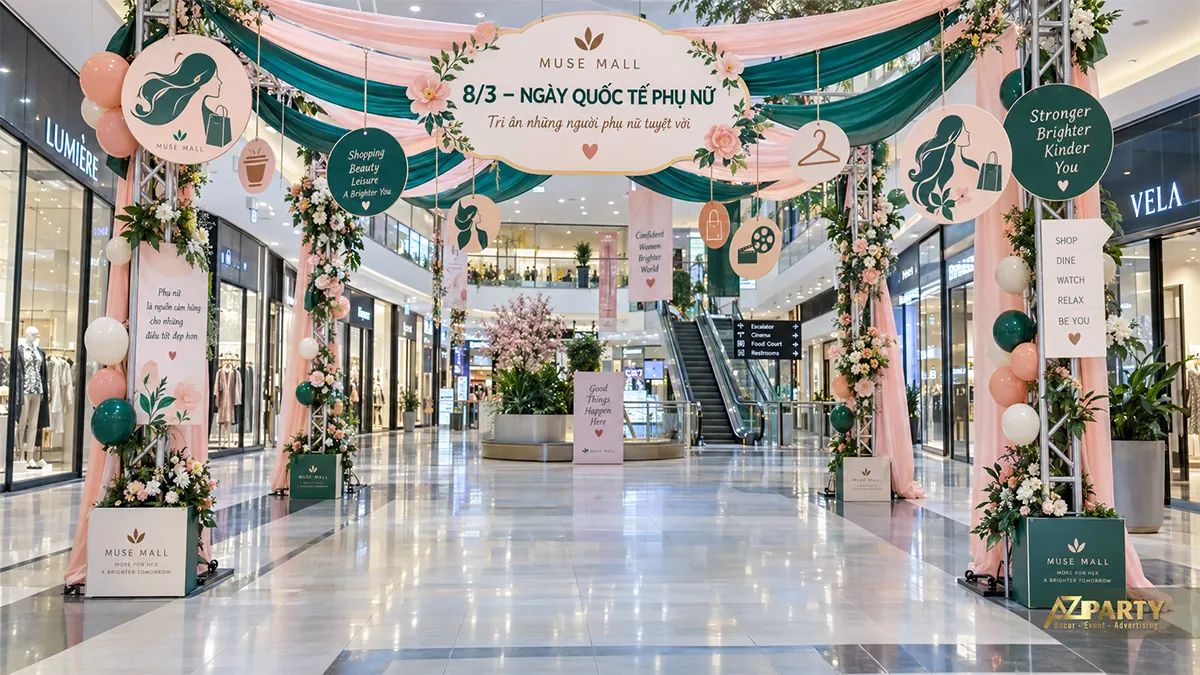 Khung trang trí hành lang với dải vải xanh hồng, bảng lời chúc và hình tròn treo chủ đề mua sắm
