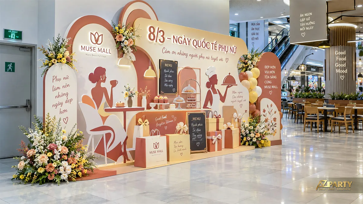 Góc trang trí kem cam tại khu ẩm thực với hình phụ nữ uống cà phê, nhân viên phục vụ và bàn bánh