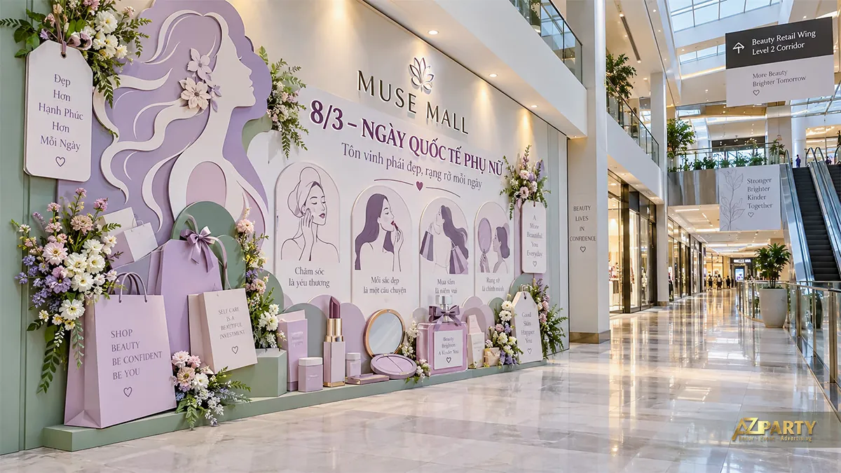 Vách tím xanh nhạt tại khu làm đẹp với chân dung phụ nữ, mô hình son, gương, nước hoa và túi quà