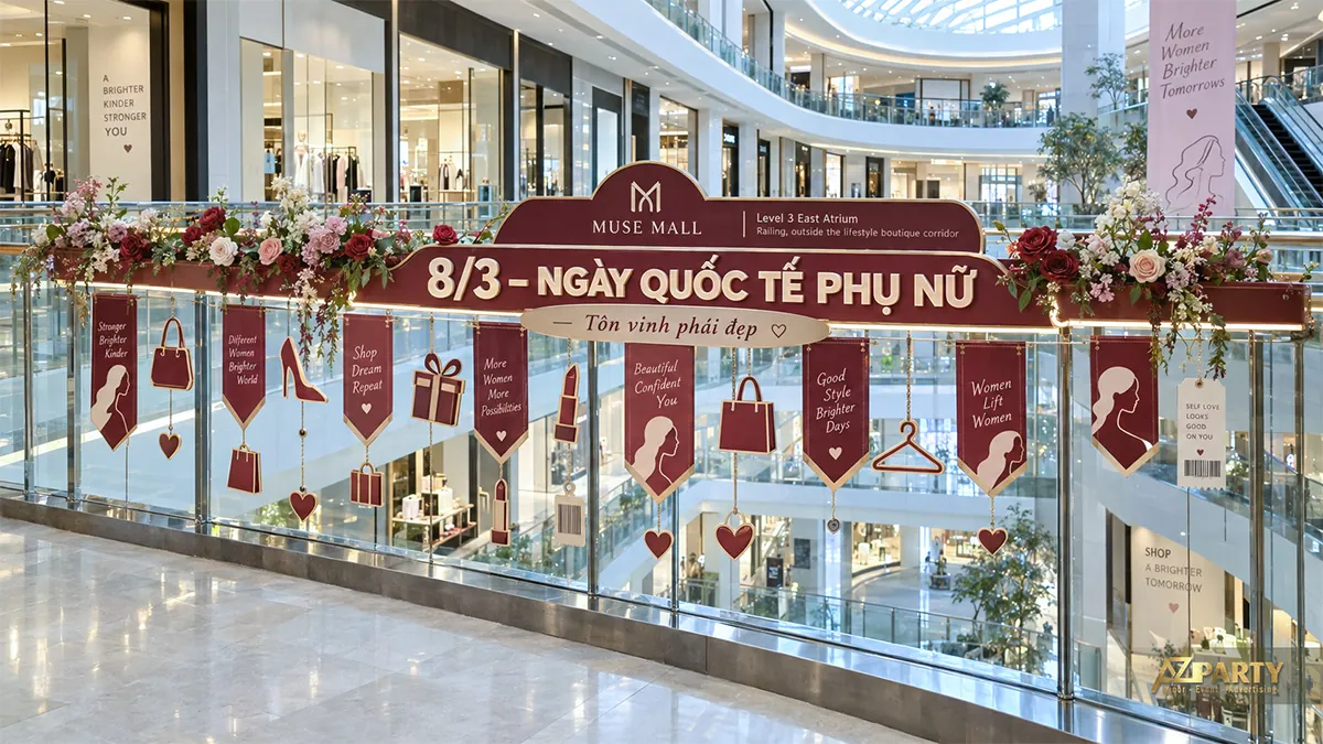 Bảng chúc mừng trên lan can với hoa đỏ hồng, cờ treo và hình túi xách, son, hộp quà màu đỏ vàng