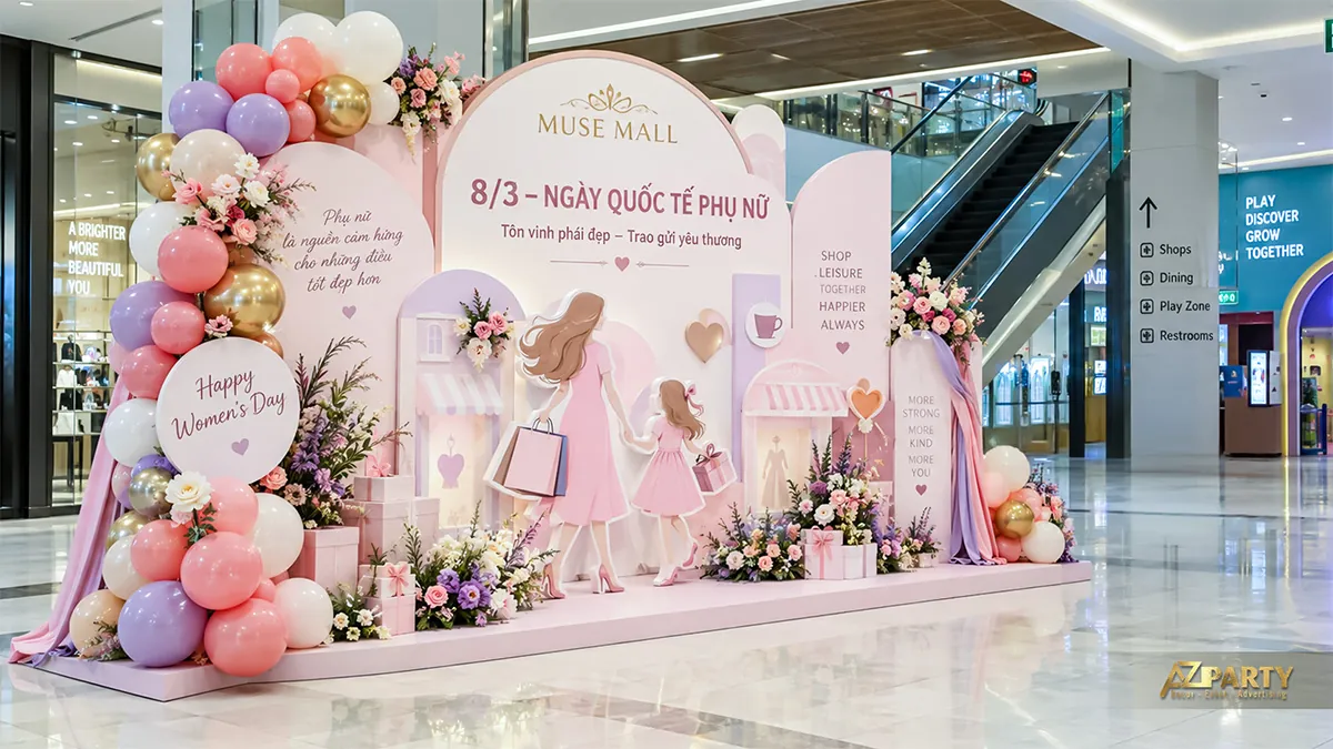 Tiểu cảnh hồng nhạt với mẹ dắt con, phông vòm, chùm bóng hồng tím vàng và hoa hai bên