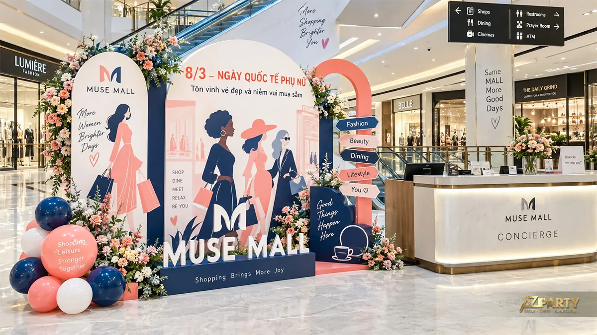 Tiểu cảnh cạnh quầy thông tin có ba phụ nữ mua sắm, khung vòm xanh san hô, bóng và bảng chỉ hướng