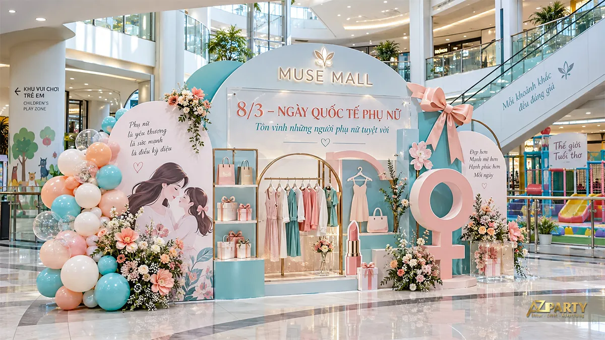 Tiểu cảnh xanh hồng có mẹ và con, giá treo váy, mô hình son và biểu tượng nữ cạnh khu vui chơi