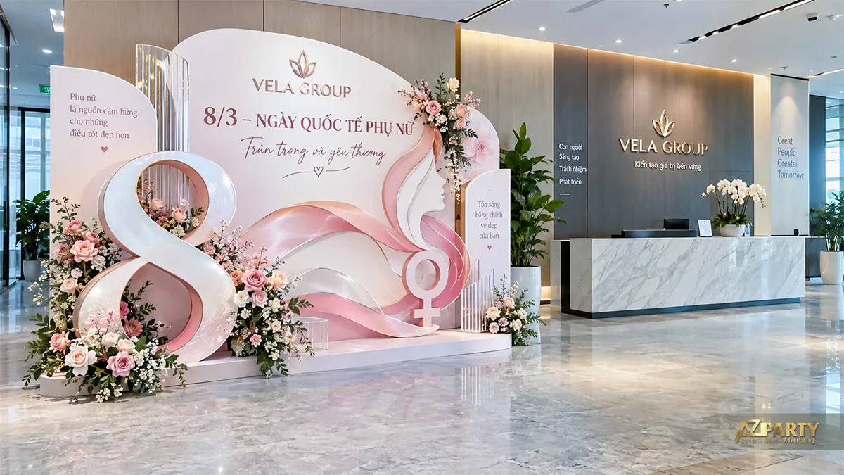 Góc chụp ảnh cạnh quầy lễ tân với số 8 lớn, biểu tượng nữ và hoa hồng trắng