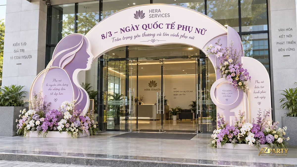 Cổng chào tím trắng trước cửa công ty với chân dung phụ nữ và cụm hoa hai chân cổng