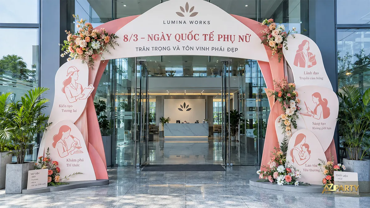 Cổng đón ngày Quốc tế Phụ nữ màu hồng cam với hình kỹ sư, nhà lãnh đạo và người mẹ