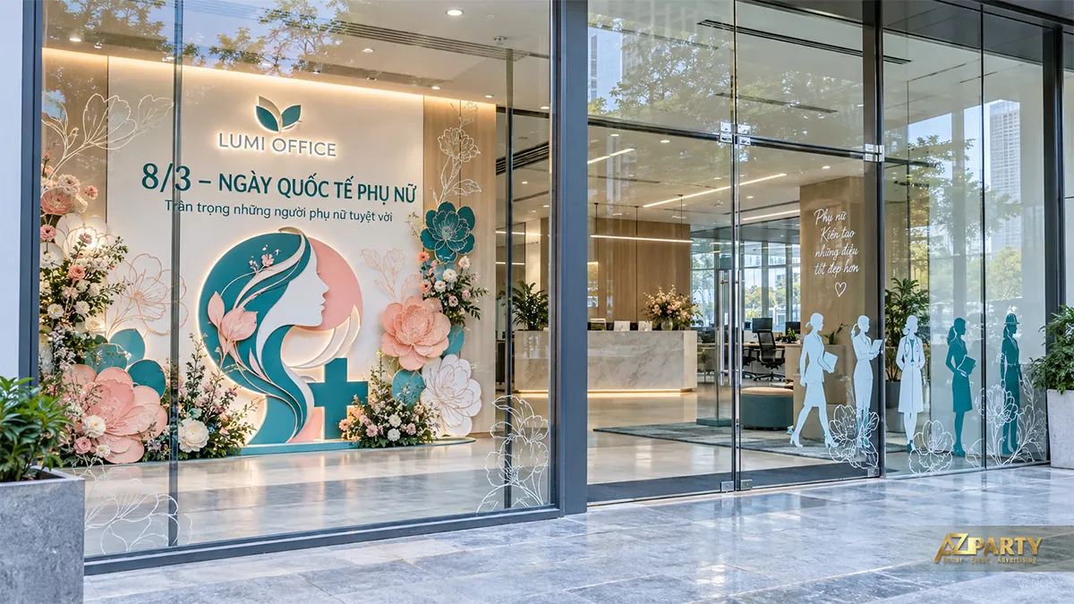 Cửa kính văn phòng dán hình phụ nữ xanh trắng, phía trong là backdrop xanh hồng