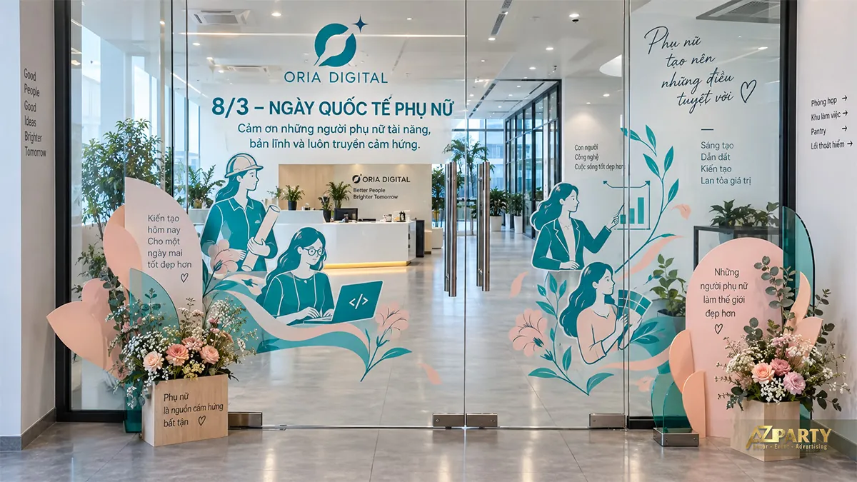 Hình nữ kỹ sư và nhân viên văn phòng trên cửa kính phối hoa và mảng trang trí màu cam